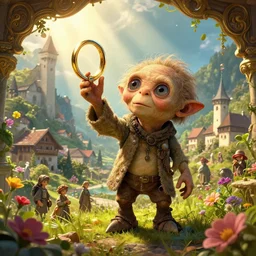 my precious! - gollum / smeagol holds the ring high against the backdrop of a medieval village in switzerland, ornate, beautiful, atmosphere, vibe, flowers, concept art illustration, color page, 4 k, tone mapping, doll, akihiko yoshida, james jean, andrei riabovitchev, marc _ simonetti, yoshitaka amano, digital illustration, greg rutowski, volumetric lighting, sunbeams, particles