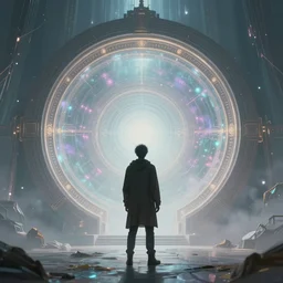 back view of a lone man standing in front of an interdimensional warp gate, a magical round gate, dreamy, ethereal, concept art by greg rutkowski and dan mumford, highly detailed, trending on artstationhq
