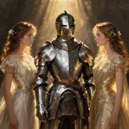 a knight in armor standing next to a woman on the left and a woman on the right, illustration