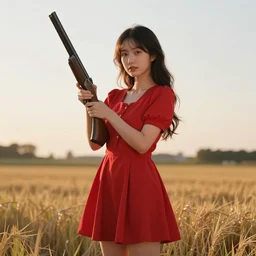 hyper realistic photo of cute woman with red dress and shotgun in hay field, sunrise