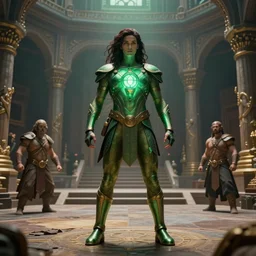 hyper realistic photography of ancient green lantern amazon in arena brom, mucha, moebius, craig mullins, juan gimenez artstation cgsociety full body shot