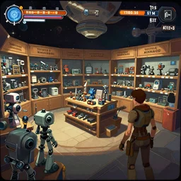 inside a store that sells robot parts, on a spacestation, from a point and click 2 d graphic adventure game, set design inspired slightly by tomb raider, art inspired by [ [ [ thomas kinkade ] ] ] and [ mark keathley ]