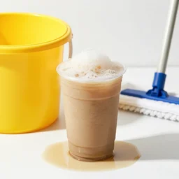 slushy made out of grayish brown dirty water, next to a yellow bucket and mop, flash photography