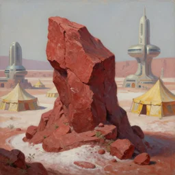 a naturally reddened outcropping of stone juts out of the salted crag, matte oil painting, colored merchant tents, retrofuturistic science fantasy, rpg, epic, extremely detailed, sharp focus, 4 k