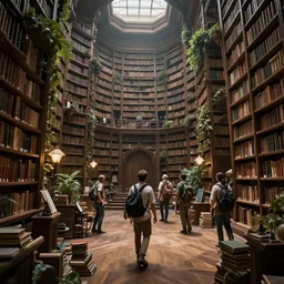 Explorers discover a vast overgrown library, fantasy, wide shot, trending on artstation