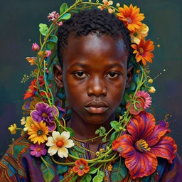 colourful vfx art - portrait of focussed nigerian boy wrapped in flowers & vines, art by hsiao - ron cheng & james jean, volumetric light, ray tracing, sharp, detailed, digital painting, illustration, highly detailed, intricate detail, unreal engine, octane render, pinterest, behance, art station,