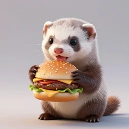 a cute ferret eating a hamburger, realistic 3 d render, cute, 8 k