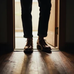 man standing in the doorway, fancy shoes, dramatic lighting