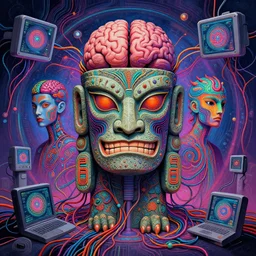 surreal portrait of ai merging with computers and wires, psychedelic neural tiki reptile stone god by naoto hattori, android jones, and chris dyer, brains, neural networks, deep bold colors, galactic dmt entity, depth of field, intricate beautiful painting, billions of details, octane render, portal, 8 k, detailed vector