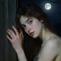 girl under moonlight by auguste toulmouche and bouguereau, dark lighting, perfectly detailed eyes, beautiful hands, pale skin, leaning on door, dreamy mood painting