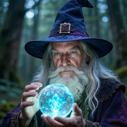 old man with long hair and white beard, wearing a whimsical wizard hat, holding a electric glowing magical crystal ball in a luminous forest, close up face, photorealism