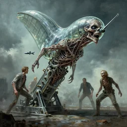 airbrushed awful necrosis torticollis zeppelin in glass terror angled machine by wayne d barlowe, francesco blanc, geof darrow, alex ross, fine art masterpiece baked at 3 0 0 f, matte painting, cold lighting, aged with sunlight, award winning horror wraparound, photorealistic render, cinematic