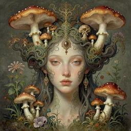 face portrait photo of the gorgeous young goddess of mycelium networks, fungi, mushrooms, flowers and plants, emotionally evoking symbolic metaphors, head in focus, ornamental, intricate, elegant, artstation, concept art, painterly, rule of thirds, sharp focus, art by h. r. giger, ernst haeckel, boris vallejo, zdzisław