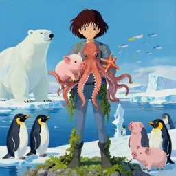 a tall emo girl holding a cephalopod and a piglet in antarctica, starfish, covered in seaweed, polar bear, icebergs, penguins, schools of fish, pigs, acrylic on canvas, surrealist, by studio ghibli - n 4