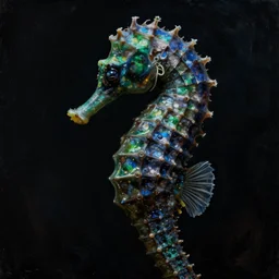 a dark baroque neoclassicist close - up portrait of a sci - fi seahorse with big eyes, deep dark green and blue colors, highly detailed science fiction painting. rich colors, high contrast, moody atmosphere, black background. unreal engine, artstation.