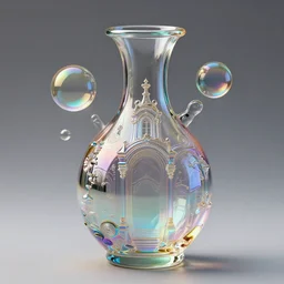 unfinished klein bottle sculptural, chroma iridescence, colors, glassy, reflective and refractive, soap bubbles floating, forming as baroque architecture
