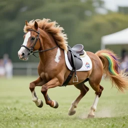 wide angle full body action shot of a my little pony as an appaloosa horse with a rider, an appaloosa hybrid has a mane and tail like my little pony, appaloosa hybrid with a rainbow tail, professional, high quality, 4 k, dof, bokeh, action