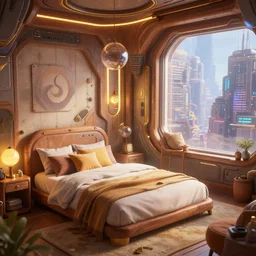 angled photo of a corner in a futuristic cozy bedroom from overwatch and oblivion movie, by wlop by jungyeonmin and james jean jhonseru jsezz artstation and greg rutkowski, with some wood and gold details, biomechanical, lens orbs, global illumination, with a window overlooking a cyberpunk metropolis, lounge, architectural, volumetric lighting, granular detail, japandi, hyperrealist, ( no people in the scene ) micro details, blender, vray