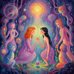 a psychedelic realm hidden away in a pocket of ethereal understanding astral beings sharing love greg rutkowski wlop lisa frank bob ross ruan jia illustration