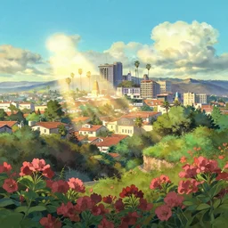 a wholesome animation key shot of a sunny los angeles panorama, studio ghibli, pixar and disney animation, sharp, rendered in gouache painting, anime gouache key art by greg rutkowski, bloom, dramatic, dynamic lighting