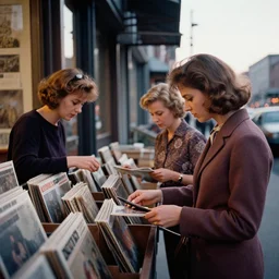 photoreal documentary style cinematography from a 1 9 6 9 national film board of canada film about beautiful toronto women shopping for records shot on eastman 7 2 5 4 1 6 mm film with a cooke panchro 6 5 mm macro lens at magic hour