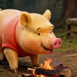 close up of winnie the pooh spit roasting a whole pig over a fire, cinematographic shot, by daniel f. gerhartz