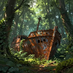 rusty ship wreck in a lush forest, sci-fi, ivy, moss, behance hd by Jesper Ejsing, by RHADS, Makoto Shinkai and Lois van baarle, ilya kuvshinov, rossdraws global illumination