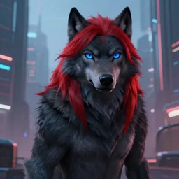 a male anthropomorphic dark gray wolf, long red hair, blue eyes, in a futuristic city, hyper detailed, digital art, trending in artstation, cinematic lighting, studio quality, smooth render, unreal engine 5 rendered, octane rendered, art style by pixar dreamworks warner bros disney riot games and overwatch.
