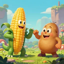 corn-monster vs potatoe-monster fight, epic digital art illustration, wide angle, masterpiece, outstanding detail, illustration, colorgrading, LUTs, | 28mm |