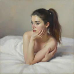beautiful portrait painting of a woman with a ponytail posing in an artistic pose over a bed, by jeremy mann, only one head single portrait