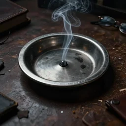 ashtray in the messy desk of the detective, smoke and dark, digital art