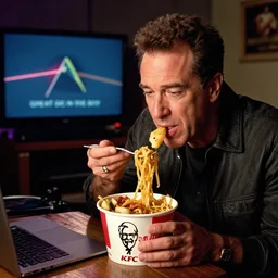 Jerry Seinfeld eating a KFC Famous Bowl in a basement at 3AM while listening to Pink Floyd Great gig in the sky