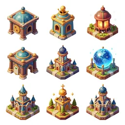 different isometric props by the artist Alexey Druzhkov Rendering six different isometric game assets on items, magic, buildings, full of details, by pinterest and game asset pack , matte painting, , trending on artstation