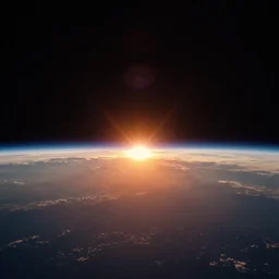 a view of a sunset from low earth orbit, the black void of outer space is visible, photograph, space, cinematic, 4 k, detailed, satellite imagery, beautiful view, cosmic