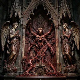gothic temple made of flesh, blood temple, renaissance gothic detailed angel statues, 8 0's horror movie film still, highly detailed, award - winning photography, 1 2 0 mm