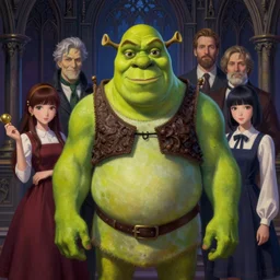 realistic detailed image of Shrek by Ayami Kojima, Amano, Karol Bak, Greg Hildebrandt, and Mark Brooks, Neo-Gothic, gothic, rich deep colors. Beksinski painting, part by Adrian Ghenie and Gerhard Richter. art by Takato Yamamoto. masterpiece