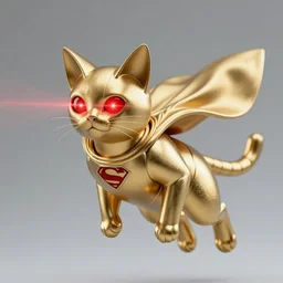 a superhero metallic armored gilded cat with red laser eyes flying with a cape on it's back