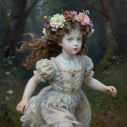 a young girl with porcelain face and crystal clear hazelnut big eyes and two ponytails flying in the wind, dressed in a vintage dress, blooming flowers in her head running in a mystic forest, conceptual art, oil fantasy painting, hyperdetailed, dramatic light, 8 k