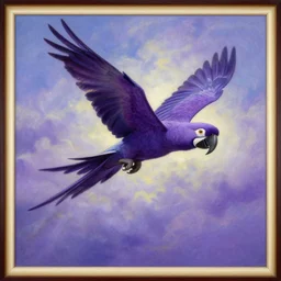 a painting of a purple parrot flying through the sky, poster art by raymond swanland, deviantart, fantasy art, christian, deviantart, mystical