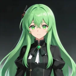 a hologram of decora styled green haired yotsuba koiwai wearing a gothic spiked jacket, background full of lucky clovers, crosses, and shinning stars, holography, irridescent