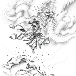 ancient ntricate line drawings of a chinese warrior in clothes with a broadsword jump and hit the chinese dragon down hard, dark cloud and lightning on the grounddramatic lighting, cg, whole body, extremely detailed, 8 k, sophisticated