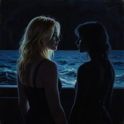 silhouette of a Elle Fanning gazing at the ocean, pitch black room, extremely detailed masterpiece, oil on canvas, low-key neon lighting, artstation, Blade Runner 2049, Roger Deakin’s cinematography, by Jeremy Lipking,