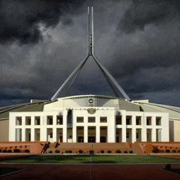 australian parliament house in the style of john martin, epic, volumetric, dark lighting, painting, canberra
