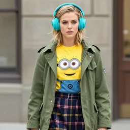 Supermodel Cara Delevinge wearing a minions T-shirt, us army Korean War era Jacket and a Lindsay plaid skirt, wearing a set of bright Cyan colored noise canceling headphones and photographed in the Style of Mario Testino