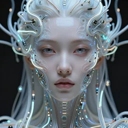 very beautiful woman, open eyes, full face frontal centered, portrait, detailed intricate symmetrical ornate neon cables connected to head, clear lips, luxurious hair, sophisticated abundent wiring and implants, translucent, porcelain, fractal, sci - fi, dramatic lighting, photography, highly detailed, trending on artstation, deviantart, 8 k, by chie yoshii