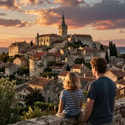 craig mullins and ghibli digital art, village of lourmarin at sunset unreal engine, hyper realism, realistic shading, cinematic composition, realistic render, octane render, detailed textures, photorealistic, wide shot