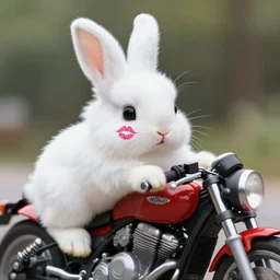 super cute fluffy white bunny rabbit with gene simmons kiss makeup on a motorcycle, photoreal