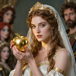 eris, greek goddess of chaos, holding an reflective gold!!! metal apple, goddess of chaos, in the trojan war, mk 1 1 volumetric lighting, perfect feminine beauty, beautiful face, bridal photography portrait victorian era y tooth wu and wlop and beeple and greg rutkowski wolfgang lettl, hints of yayoi kasuma, octane render, 8 k artstation