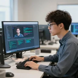 nerd on computer testing how image prompts work 4k