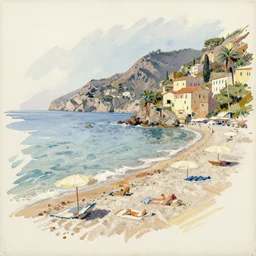 loose dry brush sketch on canvas of a beautiful italian beach scene